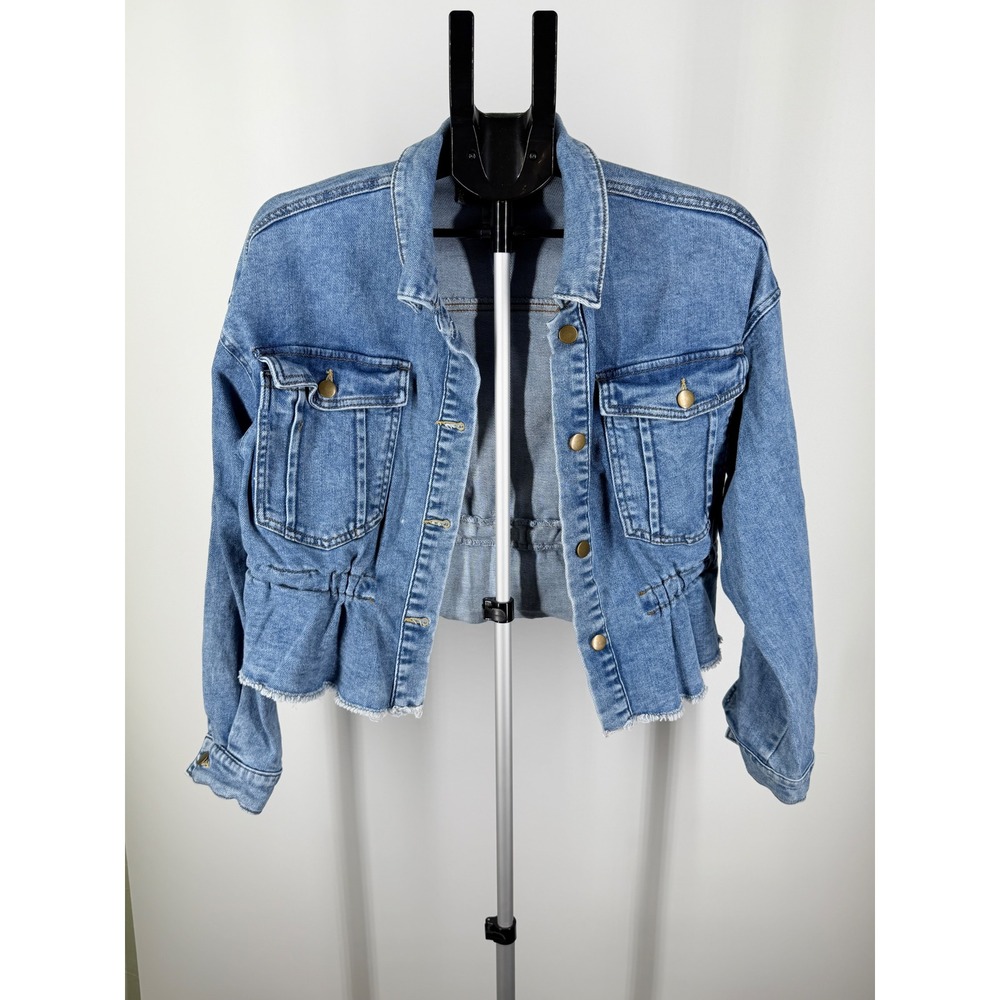 Maurices‎ Womens Medium Wash Cropped Cinched Waist Denim Jacket Raw Hem Size M